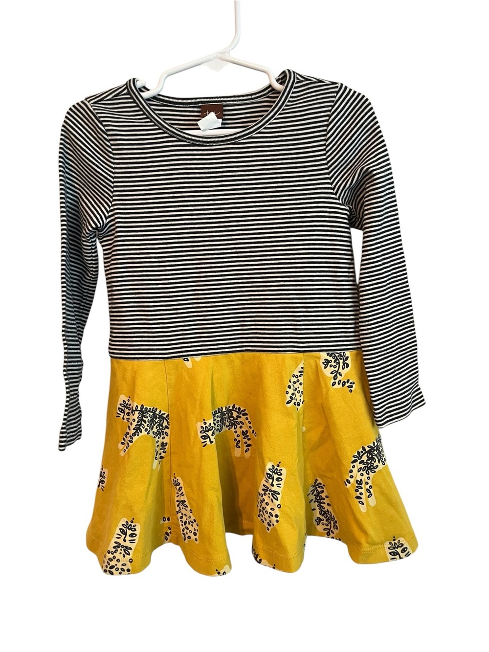 Tea Collection Girls Size 3 Long Sleeve Dress Black White Stripe Yellow Animal